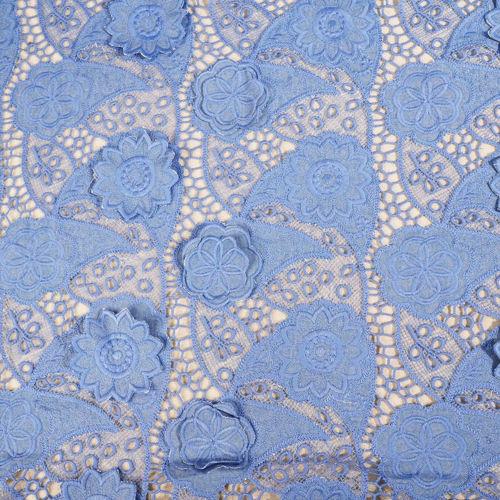 Blue Floral Crochet Cotton Denim Fabric AF-25862