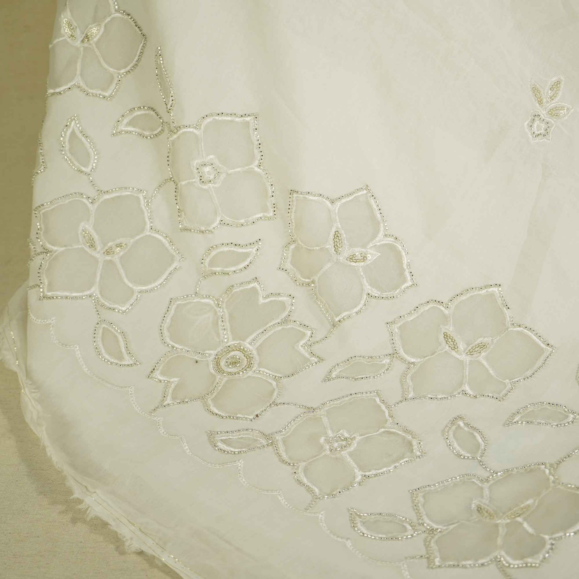 White Floral Cutwork Embroidery Dyeable Chanderi Fabric MTF-25874