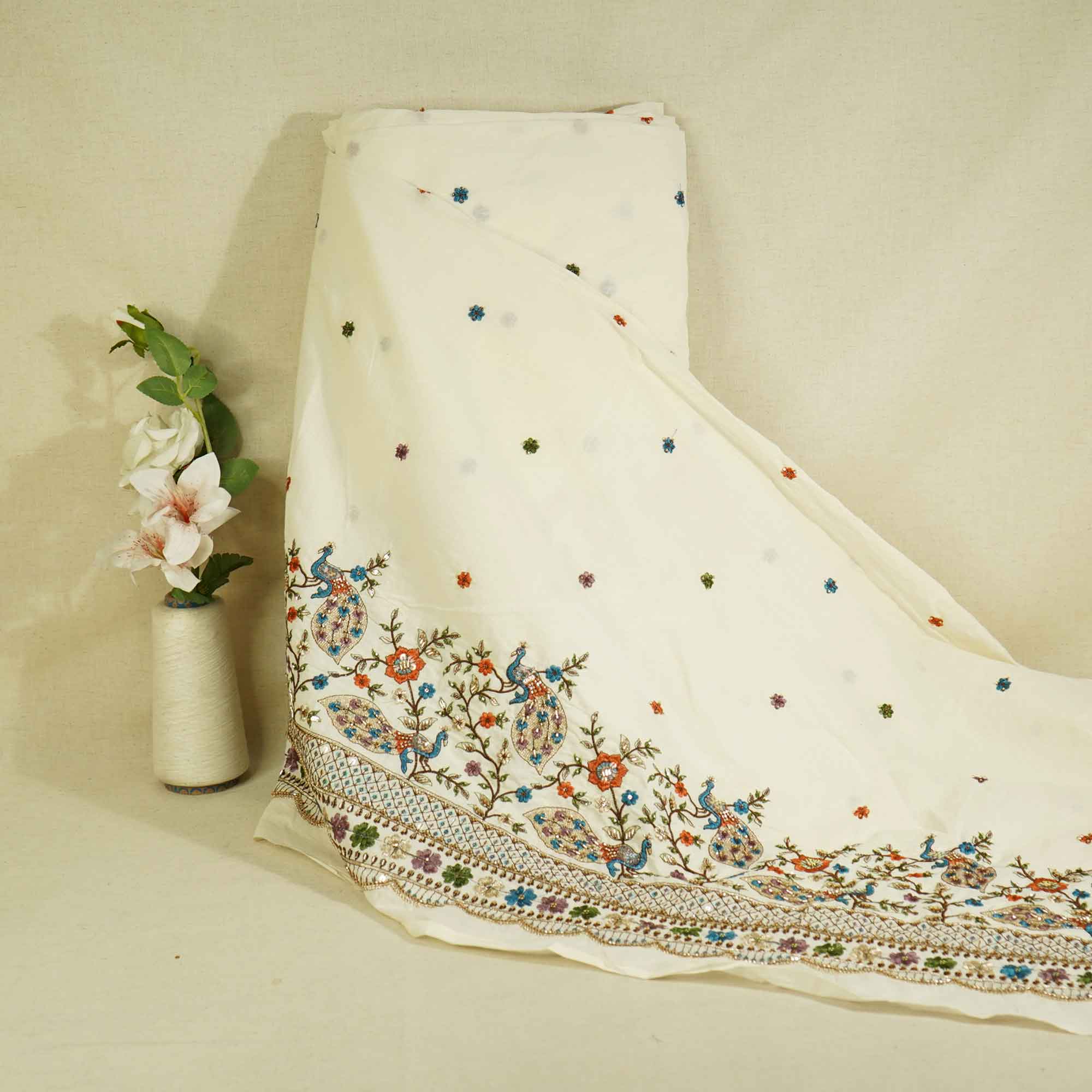 White Cutdana and Thread Embroidery Dyeable Cotton Fabric MTF-25876