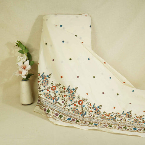 White Cutdana and Thread Embroidery Dyeable Cotton Fabric MTF-25876