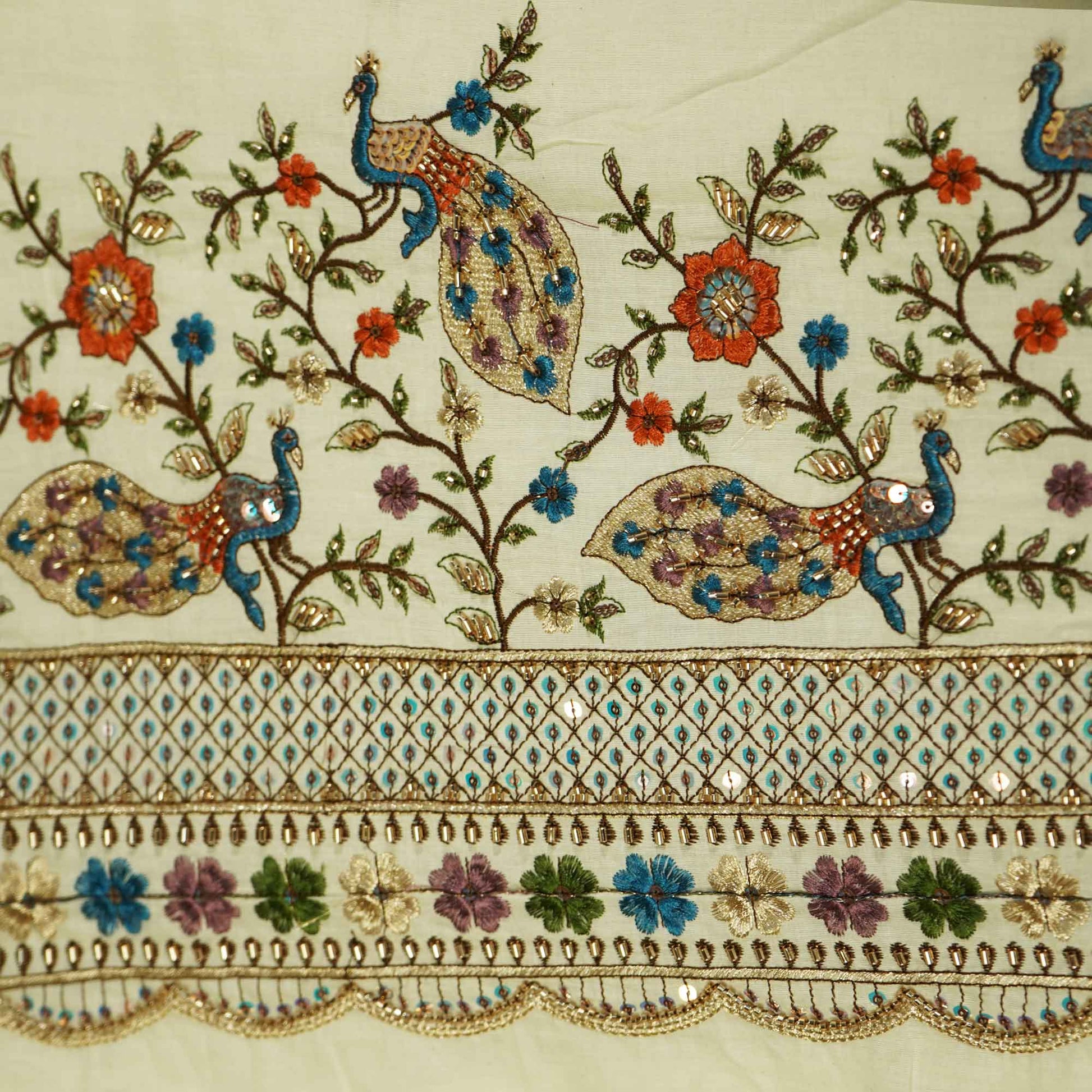 White Cutdana and Thread Embroidery Dyeable Cotton Fabric MTF-25876