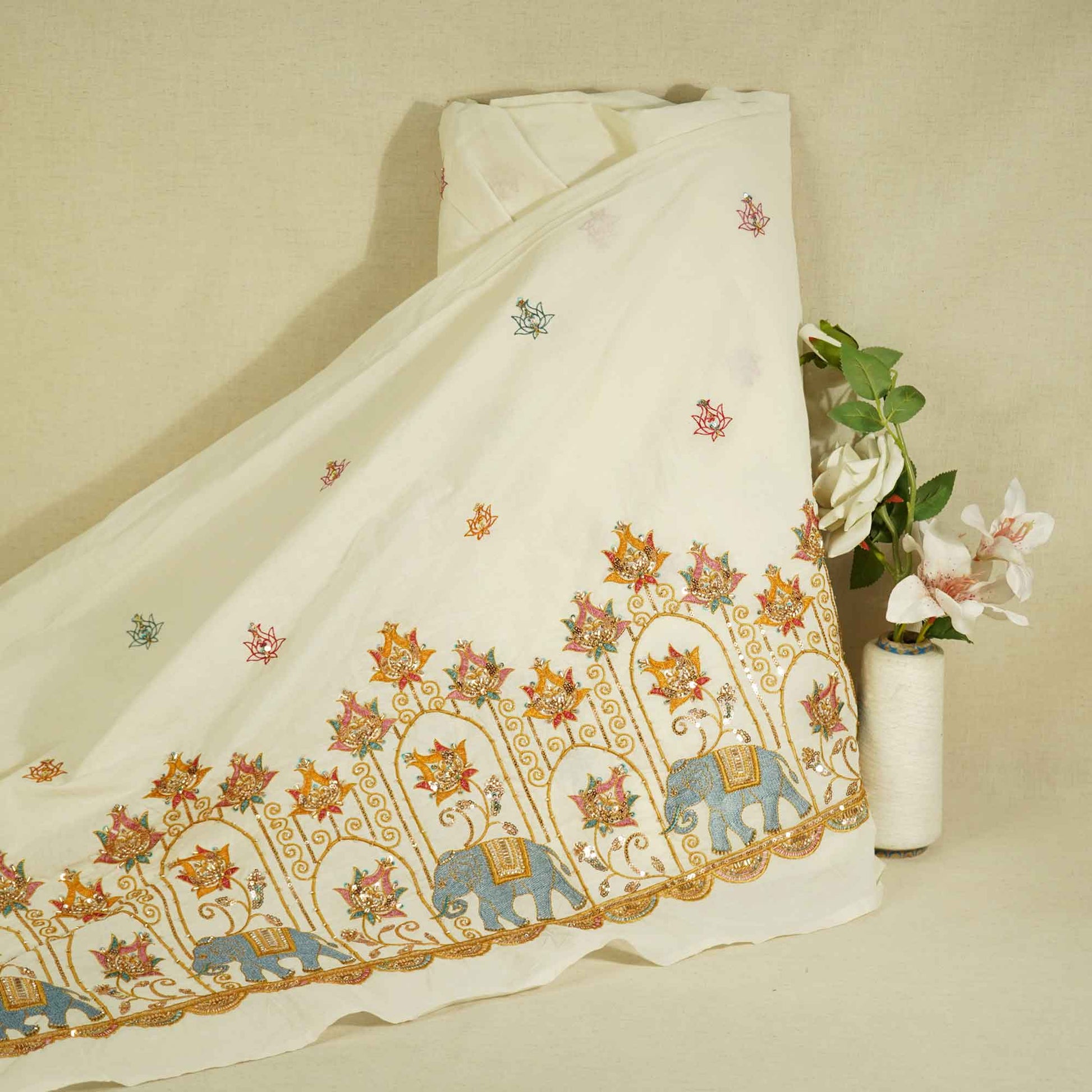White Cutdana and Thread Embroidery Dyeable Cotton Fabric MTF-25879