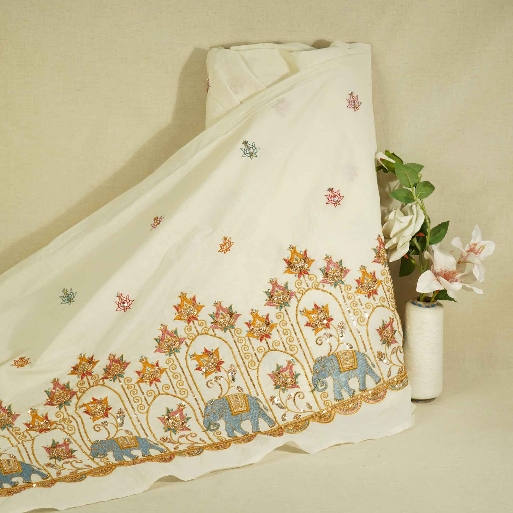 White Cutdana and Thread Embroidery Dyeable Cotton Fabric MTF-25879