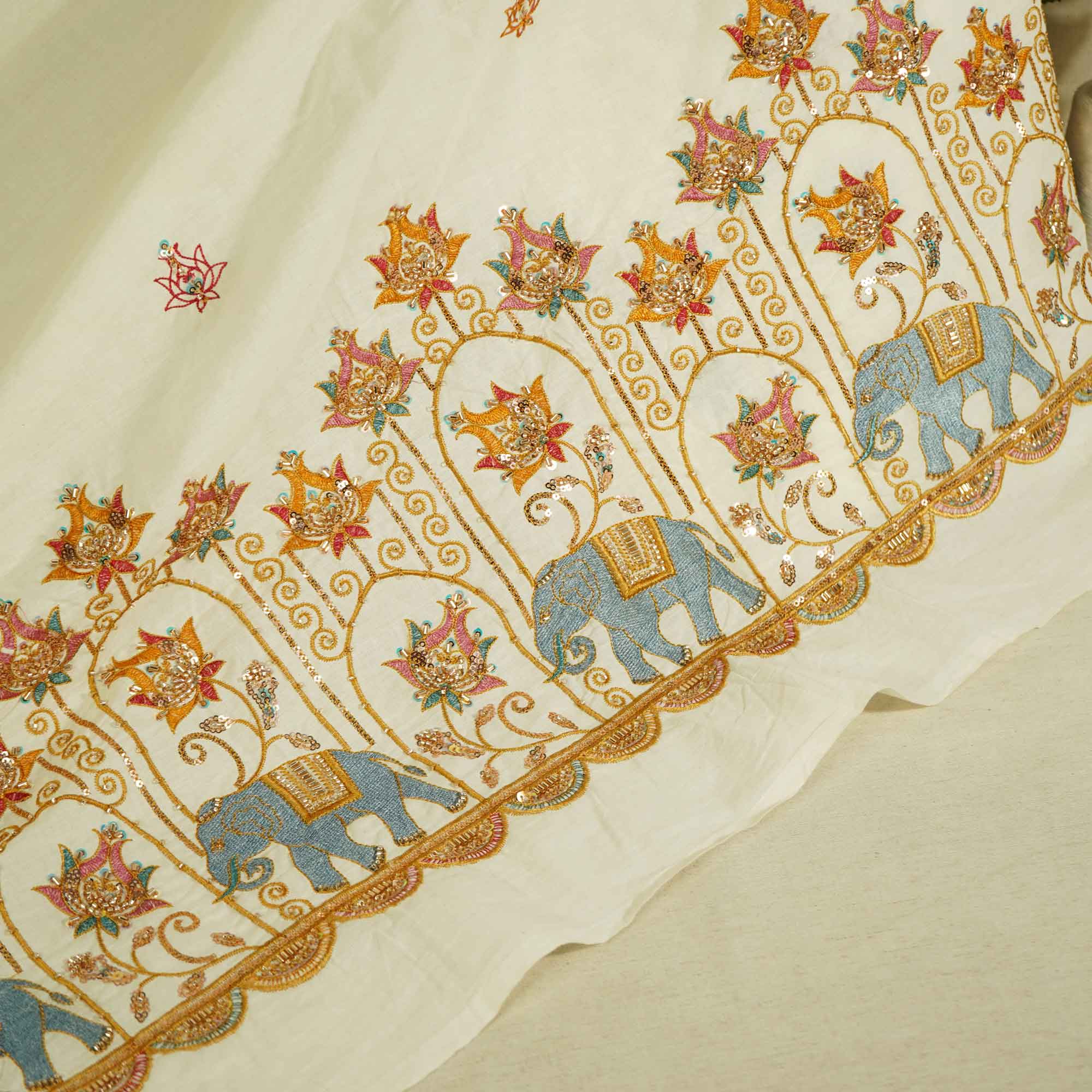 White Cutdana and Thread Embroidery Dyeable Cotton Fabric MTF-25879
