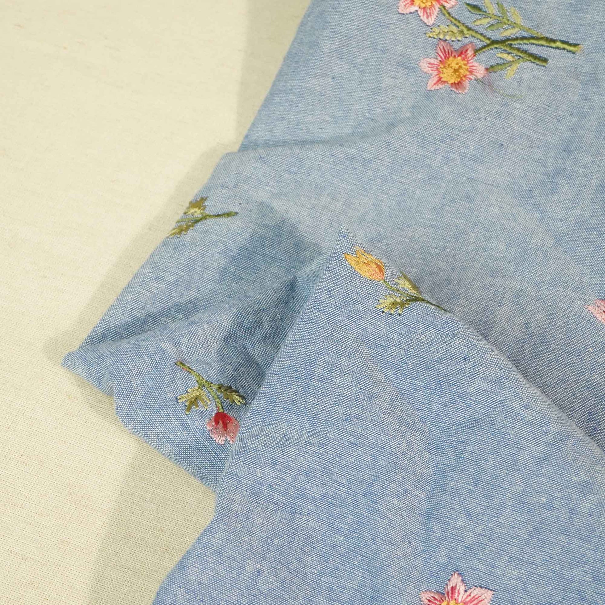 Powder Blue Thread Embroidery Denim Fabric AF-25885