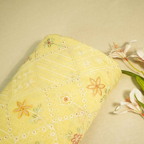 Yellow Hakoba Thread Emberoidery Mulmul Chanderi Fabric TA-25886