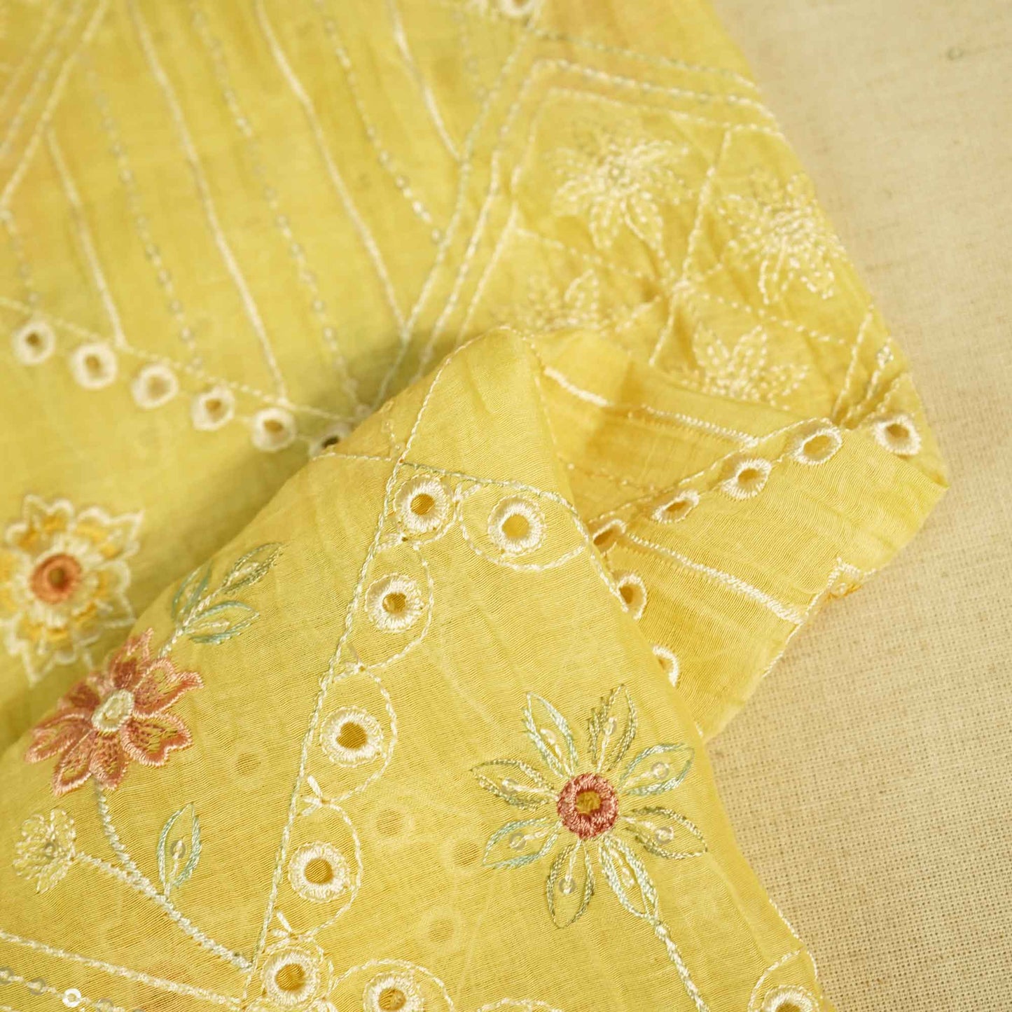 Yellow Hakoba Thread Emberoidery Mulmul Chanderi Fabric TA-25886