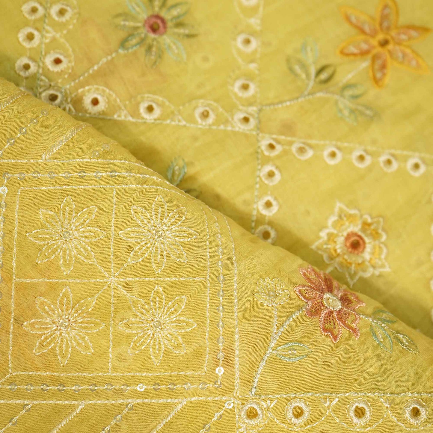 Yellow Hakoba Thread Emberoidery Mulmul Chanderi Fabric TA-25886