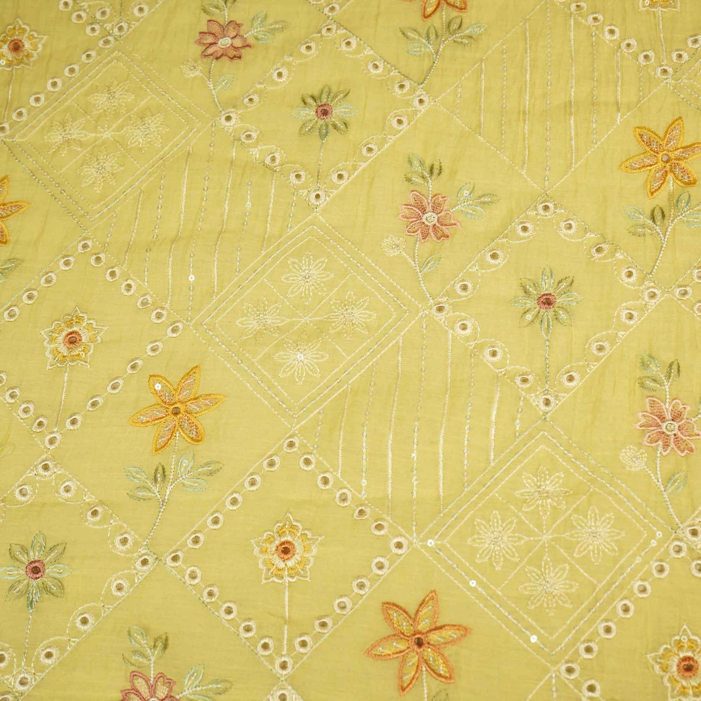 Yellow Hakoba Thread Emberoidery Mulmul Chanderi Fabric TA-25886