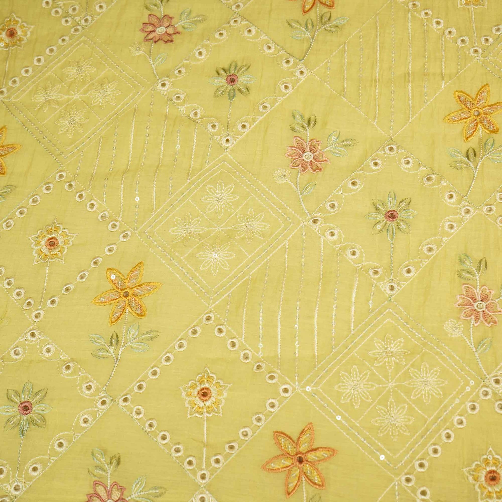 Yellow Hakoba Thread Emberoidery Mulmul Chanderi Fabric TA-25886