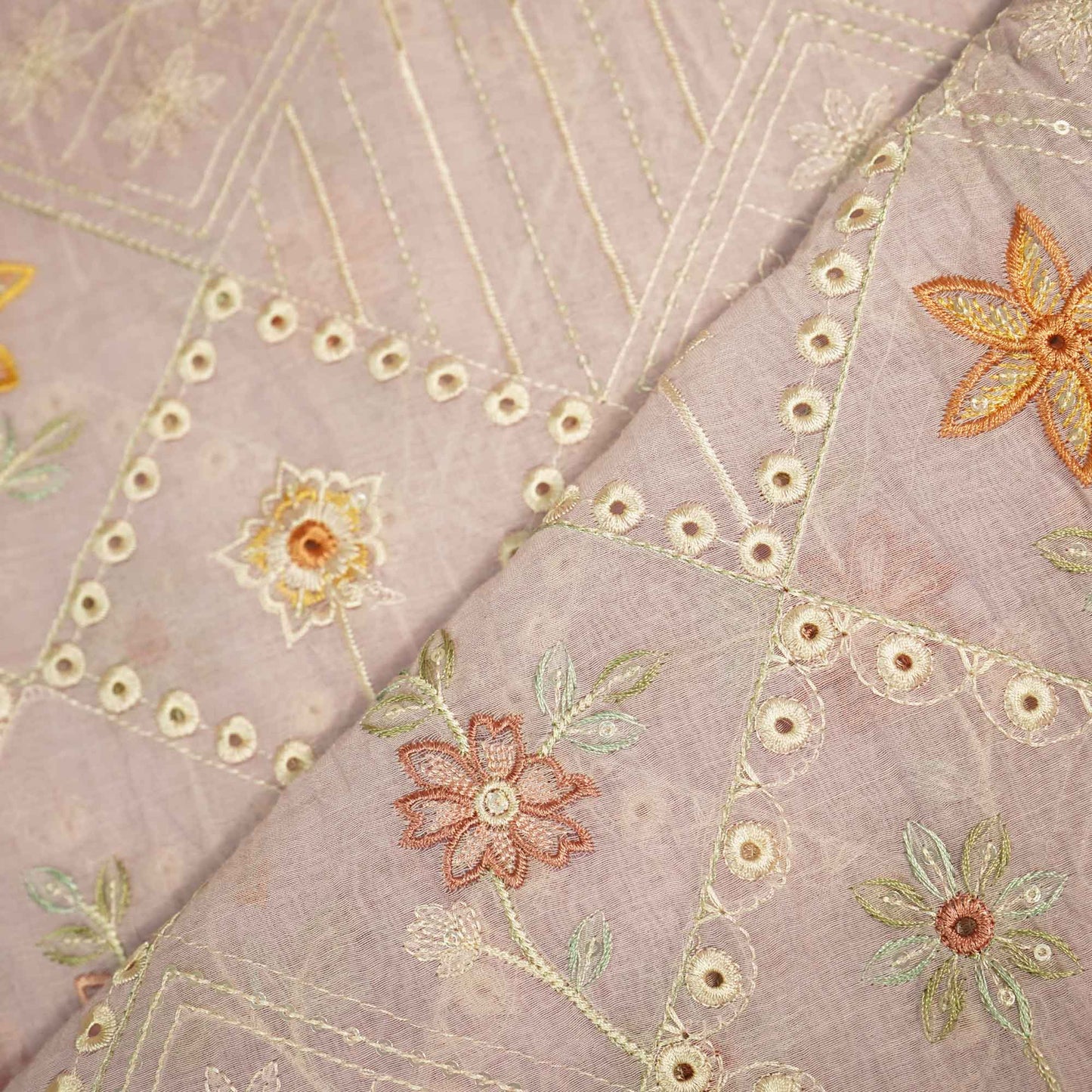Lilac Hakoba Thread Emberoidery Mulmul Chanderi Fabric TA-25887