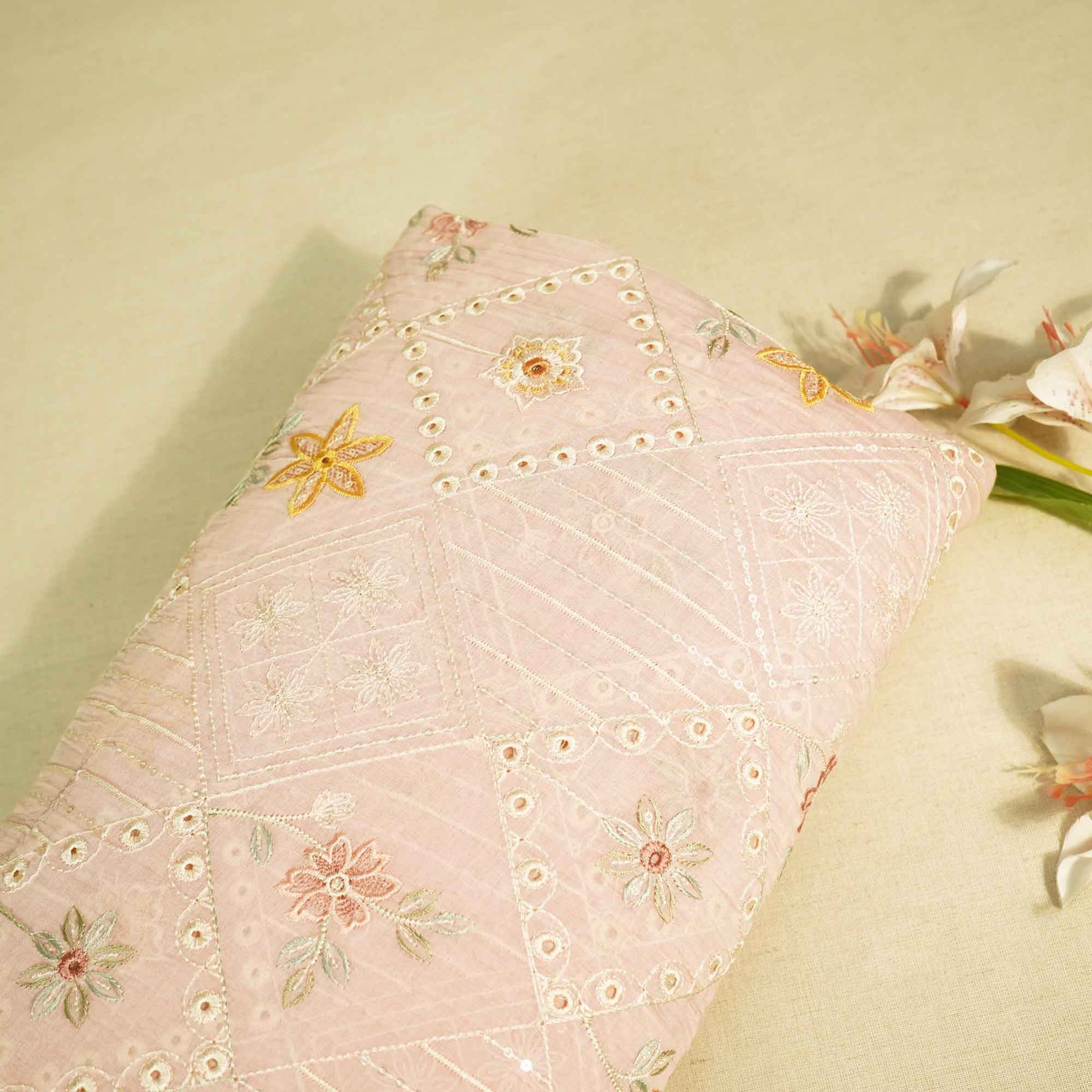 Peach Hakoba Thread Emberoidery Mulmul Chanderi Fabric TA-25888