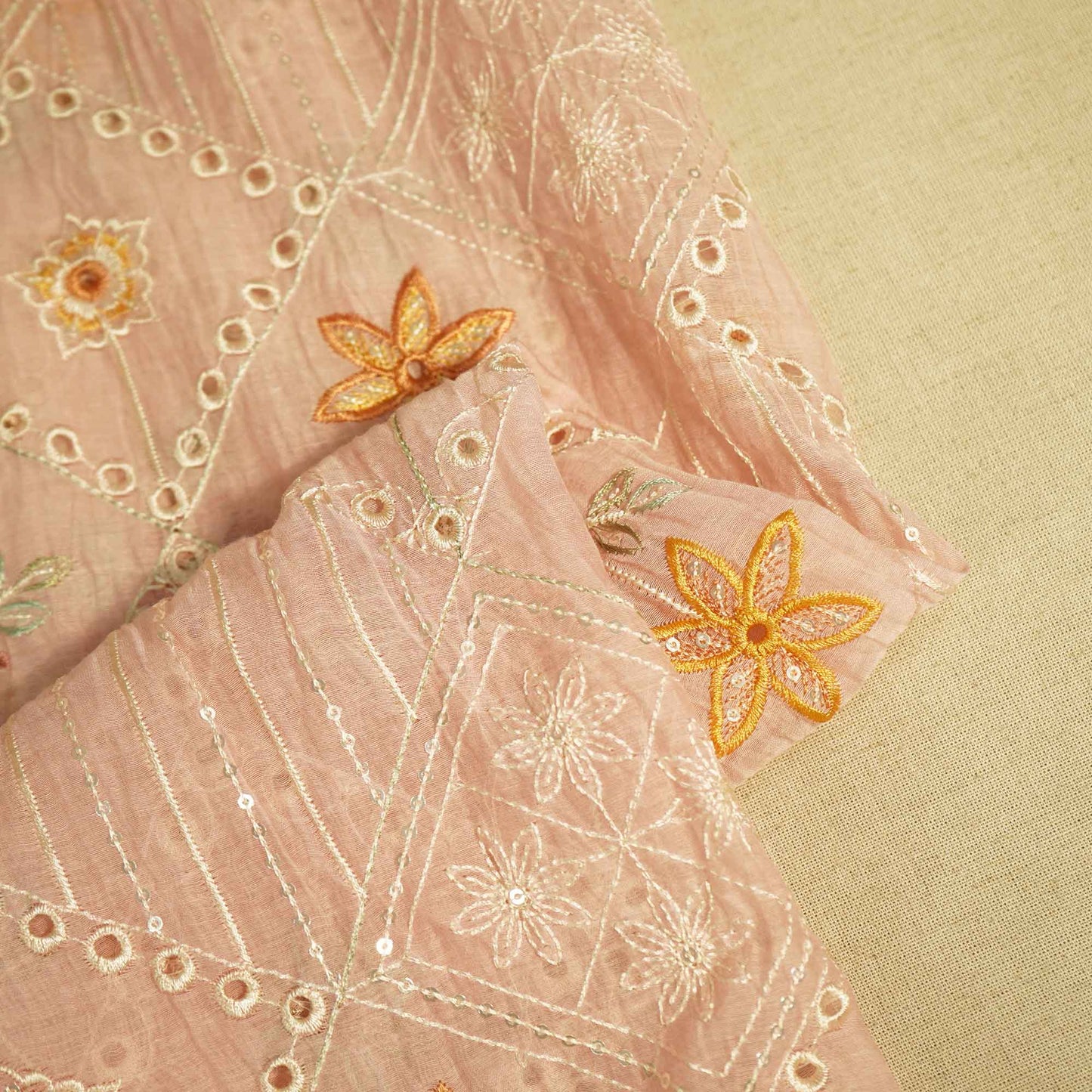Peach Hakoba Thread Emberoidery Mulmul Chanderi Fabric TA-25888