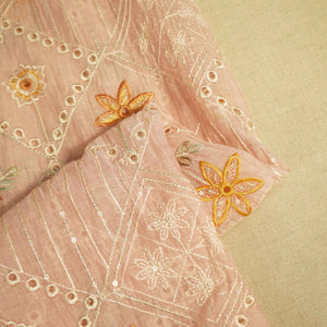 Peach Hakoba Thread Emberoidery Mulmul Chanderi Fabric TA-25888