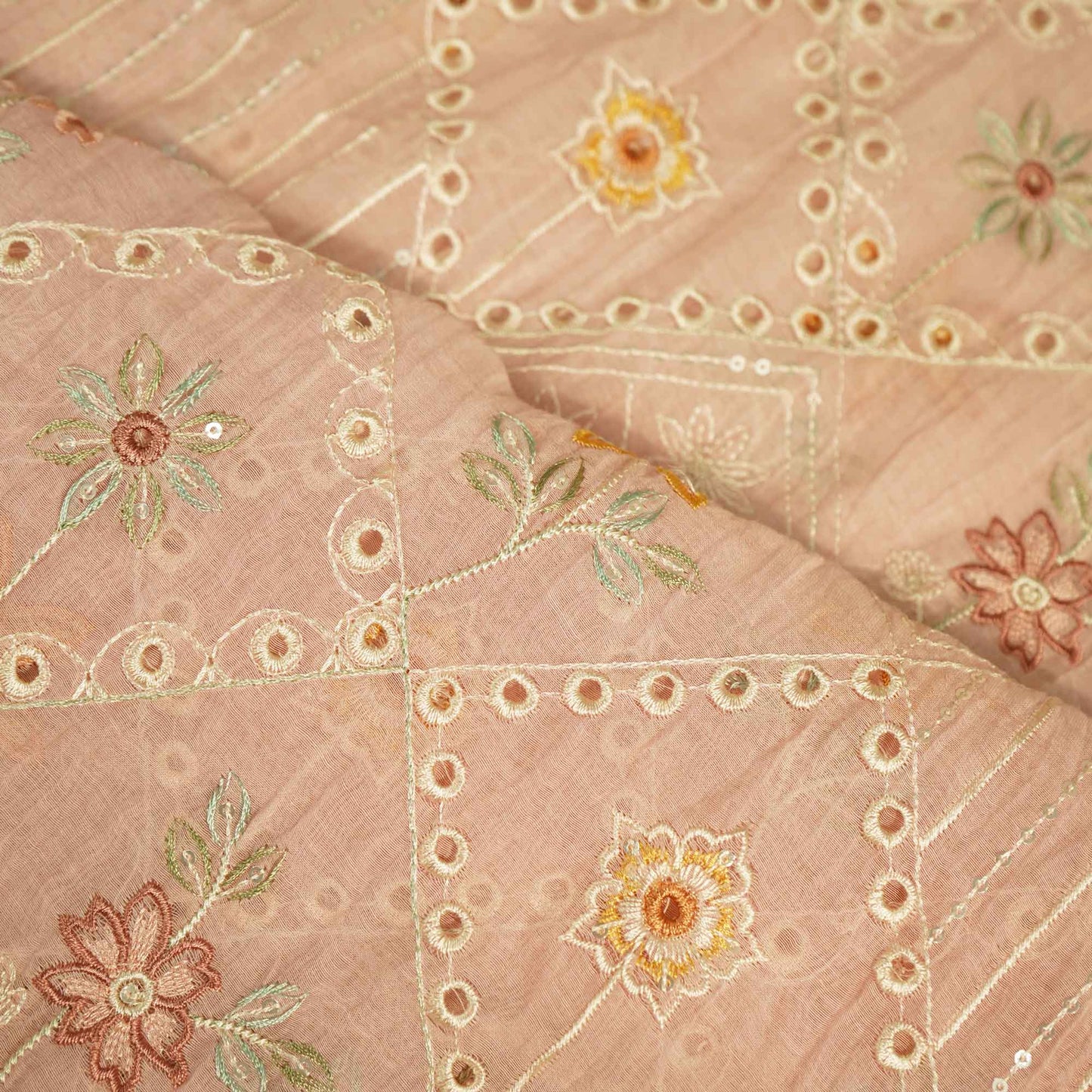 Peach Hakoba Thread Emberoidery Mulmul Chanderi Fabric TA-25888