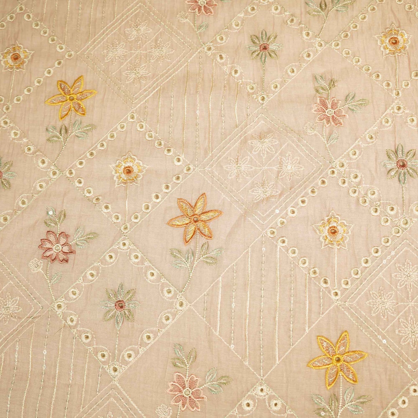 Peach Hakoba Thread Emberoidery Mulmul Chanderi Fabric TA-25888