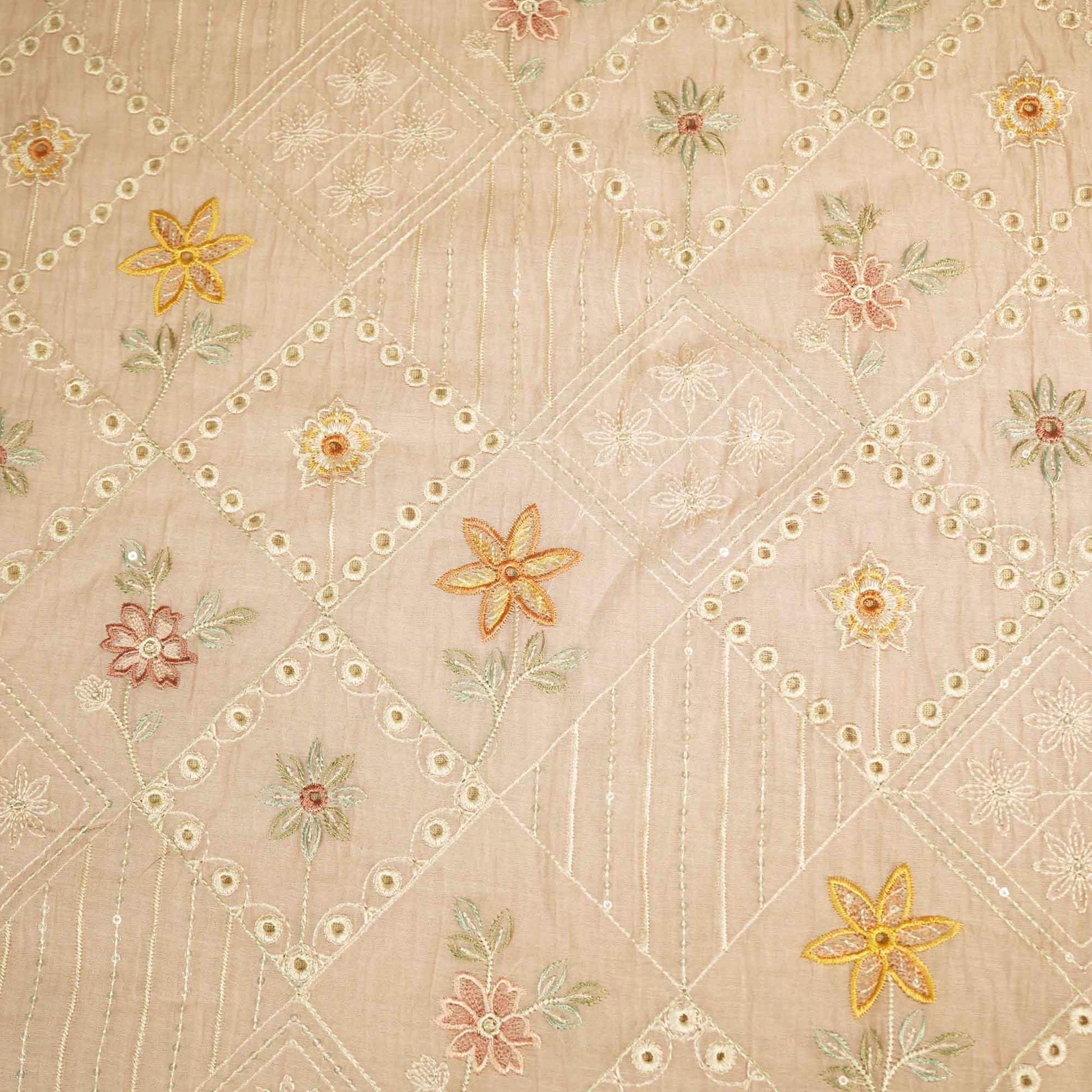 Peach Hakoba Thread Emberoidery Mulmul Chanderi Fabric TA-25888