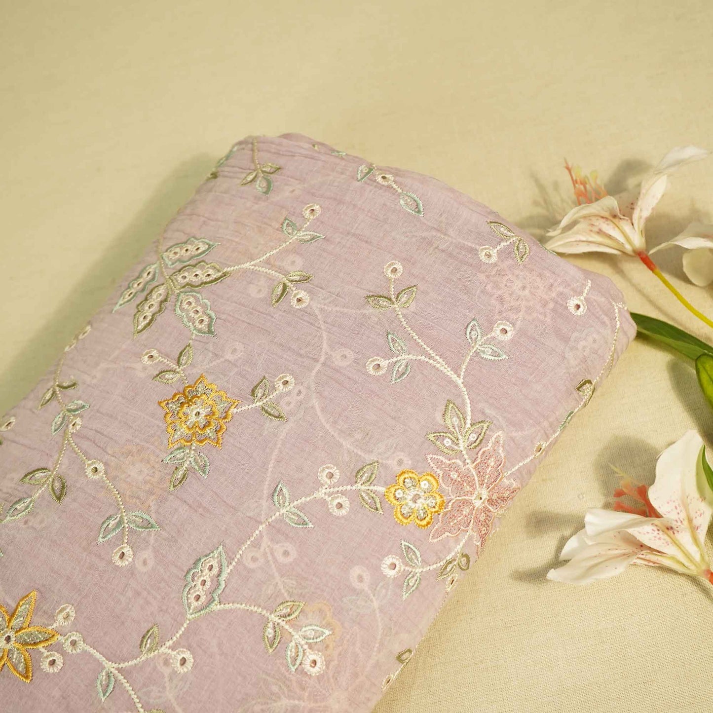 Lilac Hakoba Thread Emberoidery Mulmul Chanderi Fabric TA-25889