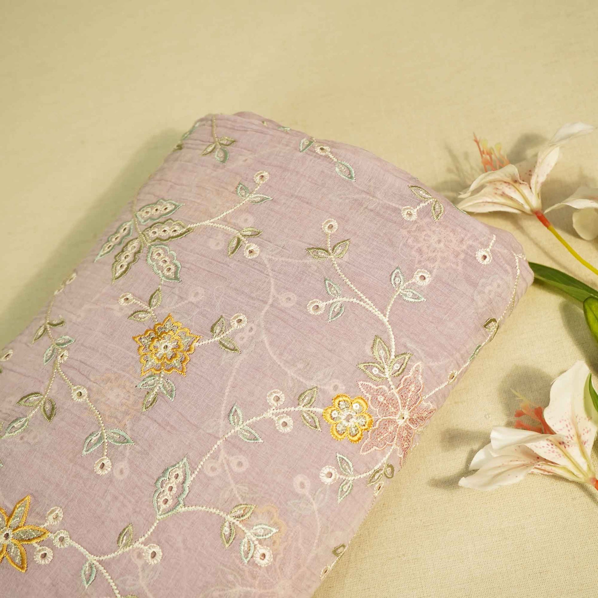 Lilac Hakoba Thread Emberoidery Mulmul Chanderi Fabric TA-25889