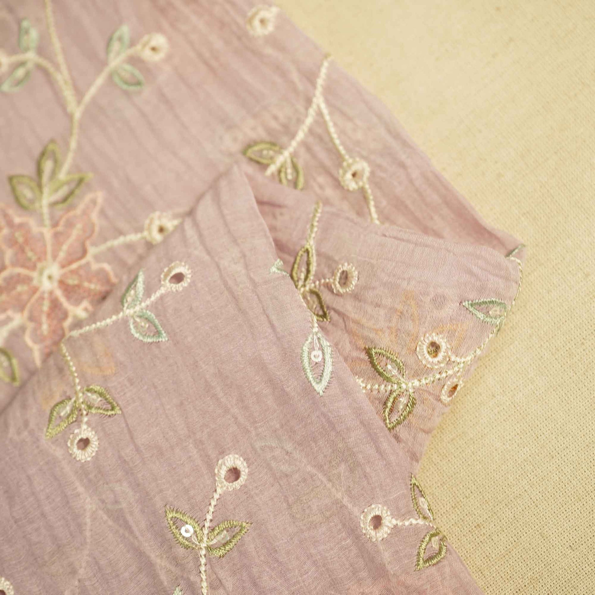 Lilac Hakoba Thread Emberoidery Mulmul Chanderi Fabric TA-25889
