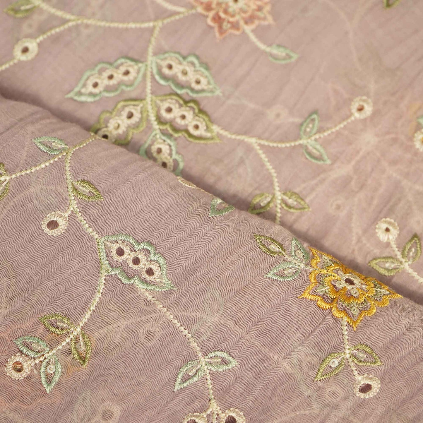 Lilac Hakoba Thread Emberoidery Mulmul Chanderi Fabric TA-25889