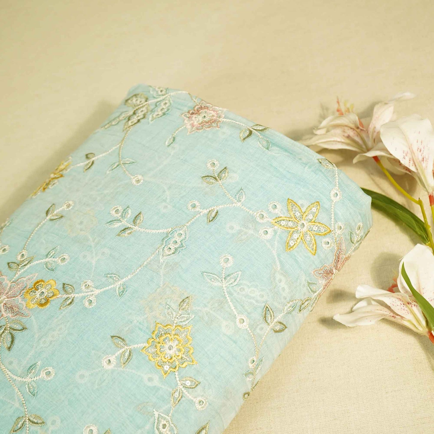 Hakoba Thread Emberoidery Mulmul Chanderi Fabric TA-25890