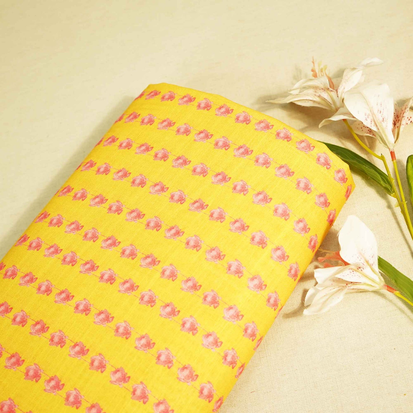 Yellow Floral Print Linen Fabric MTF-25896