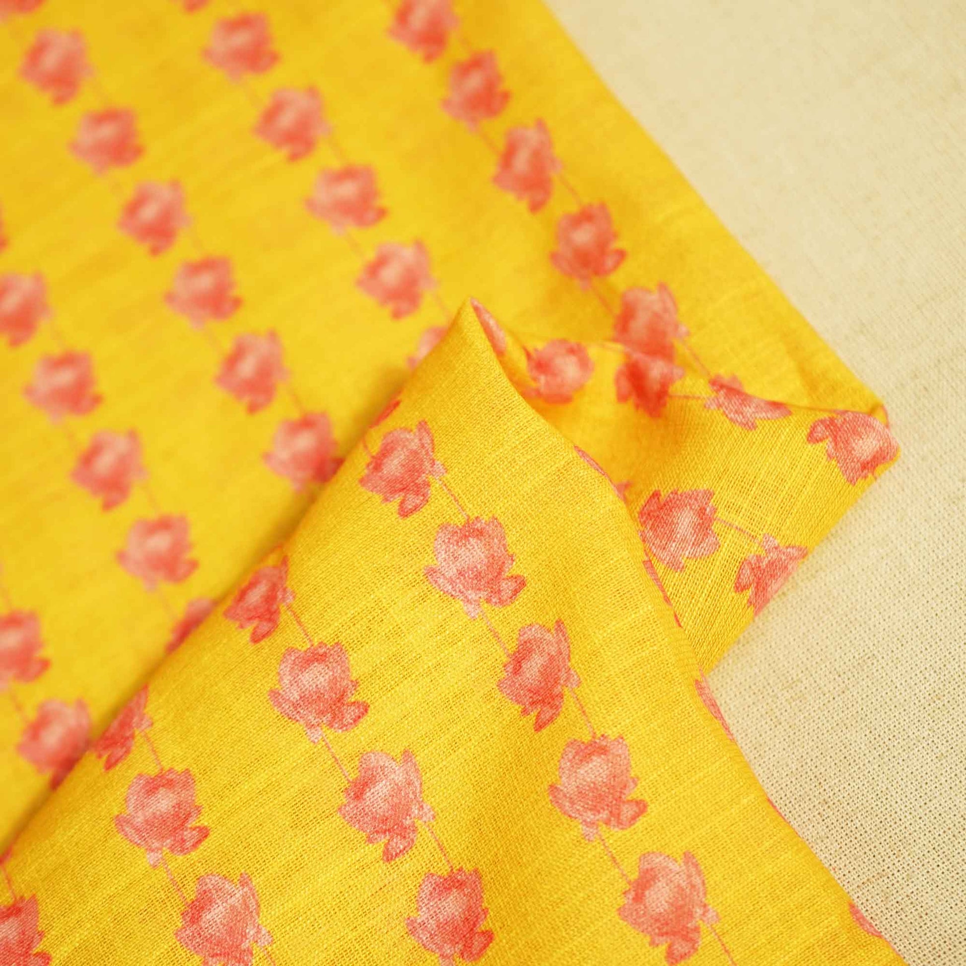 Yellow Floral Print Linen Fabric MTF-25896