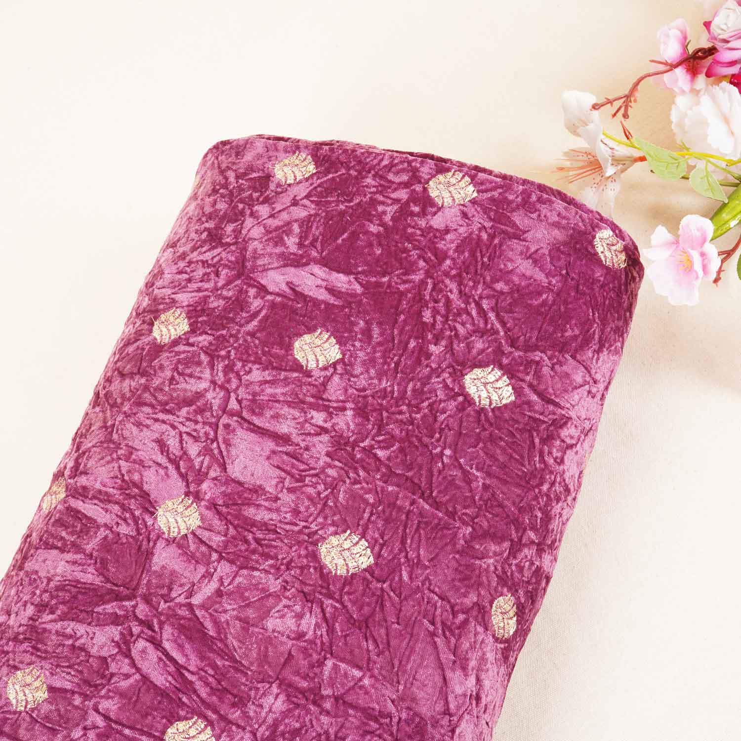 Pink Floral Cutdana Crushed Velvet Fabric SC-28259 - TradeUNO