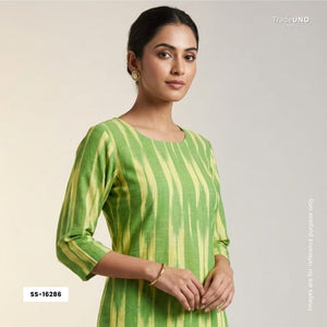 Green Cream Ikkat Print Cotton SS-16286 - TradeUNO