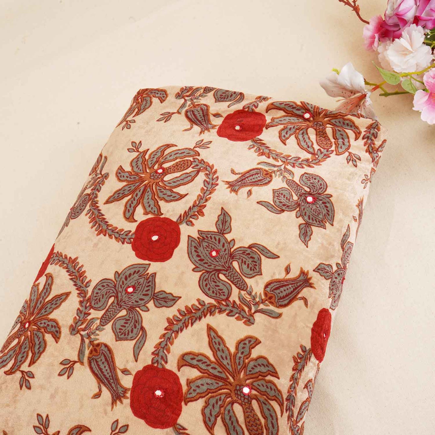 Beige Floral Mirror Work Micro Velvet 9000 Fabric MT-28260