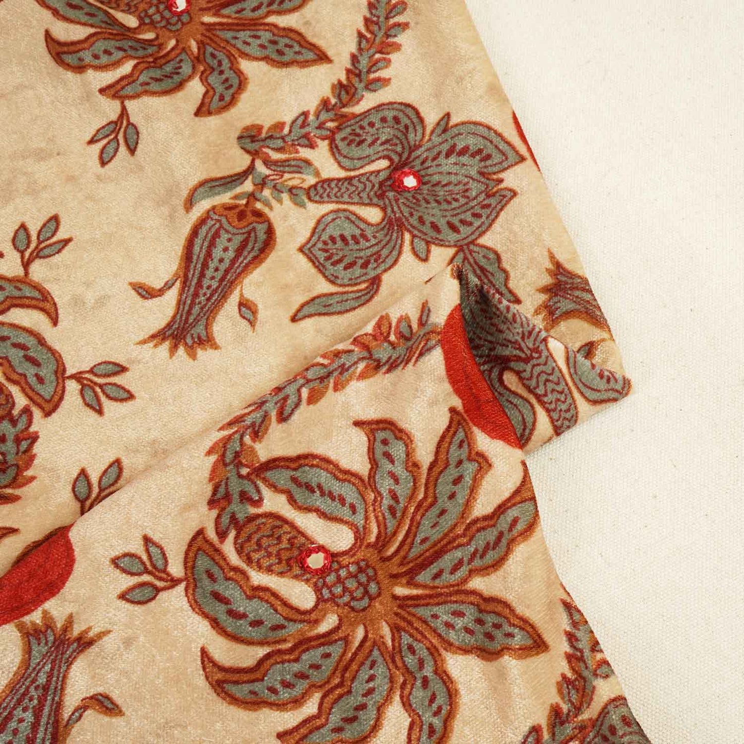 Beige Floral Mirror Work Micro Velvet 9000 Fabric MT-28260