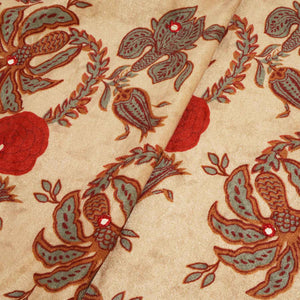 Beige Floral Mirror Work Micro Velvet 9000 Fabric MT-28260 - TradeUNO