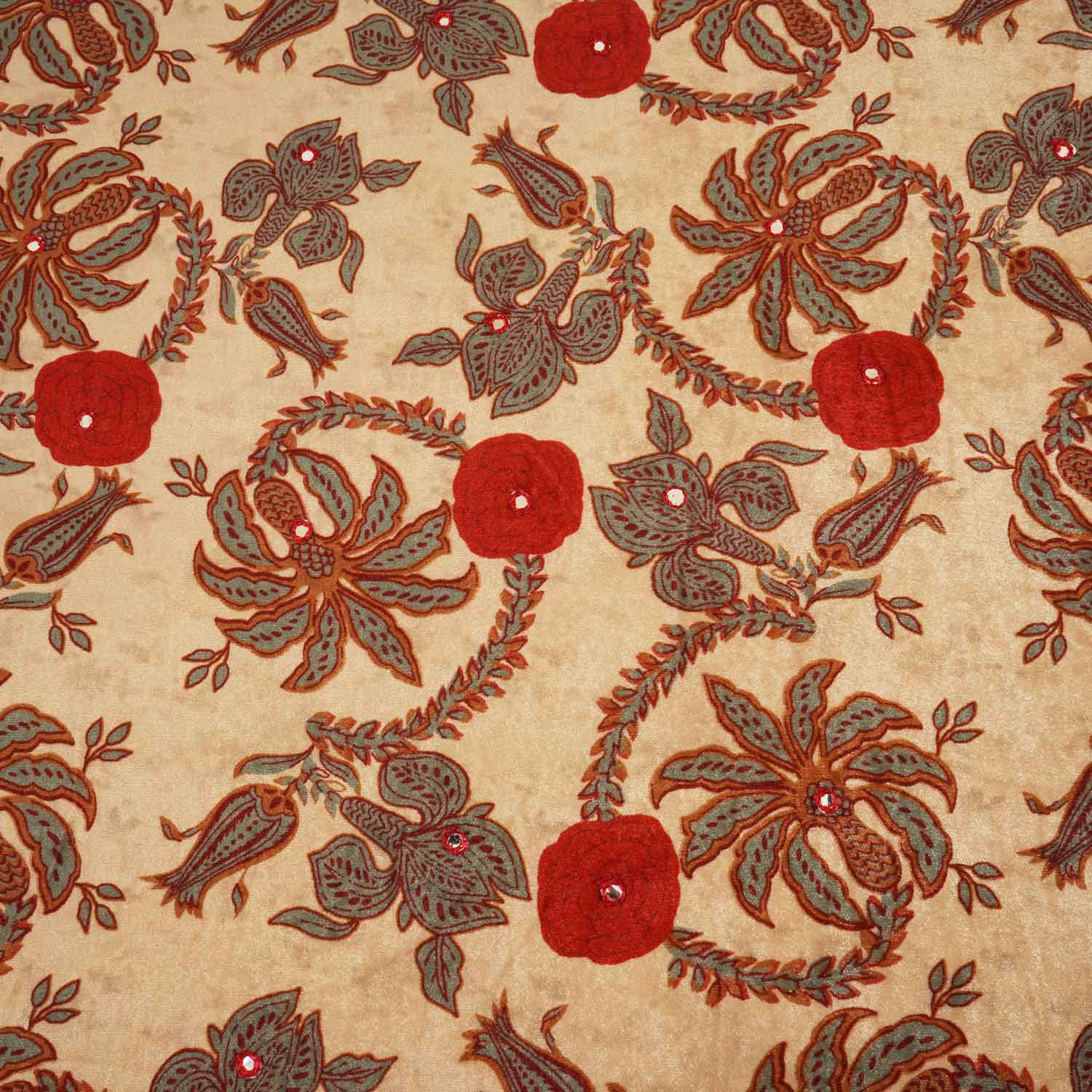 Beige Floral Mirror Work Micro Velvet 9000 Fabric MT-28260 - TradeUNO