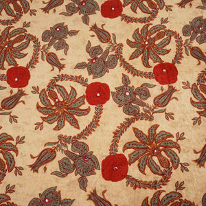 Beige Floral Mirror Work Micro Velvet 9000 Fabric MT-28260 - TradeUNO