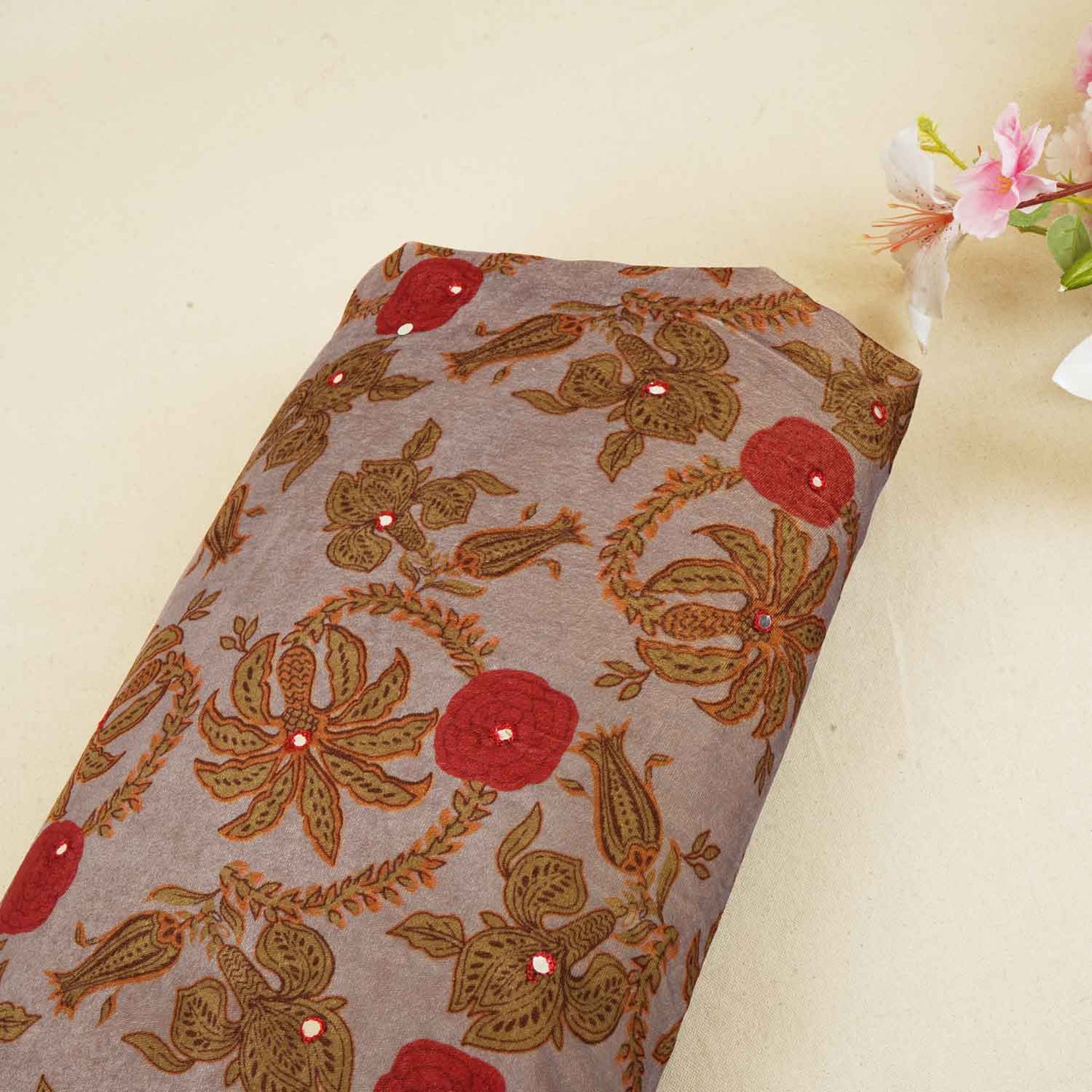 Lavender Floral Mirror Work Micro Velvet 9000 Fabric MT-28261