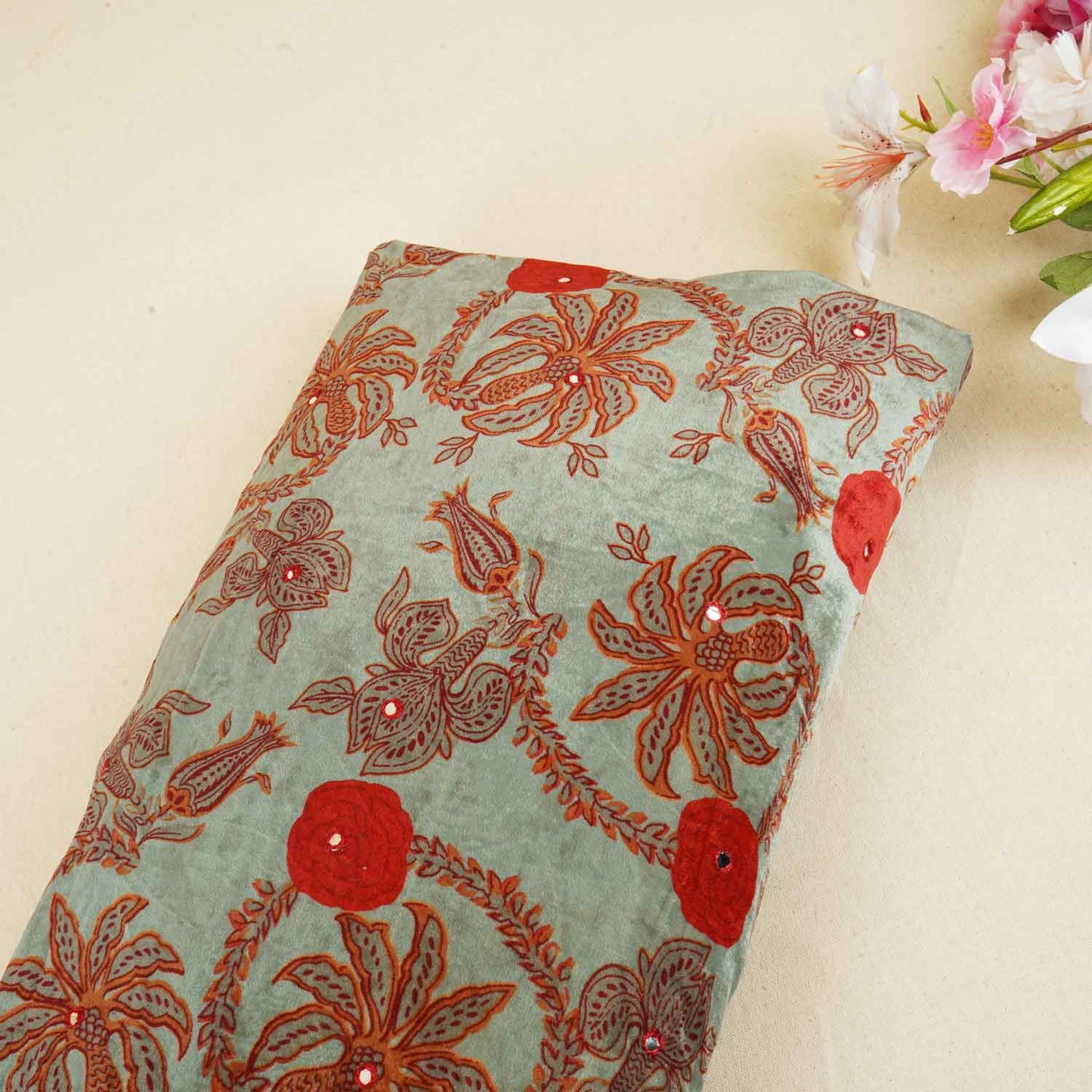 Sea Green Floral Mirror Work Micro Velvet 9000 Fabric MT-28262