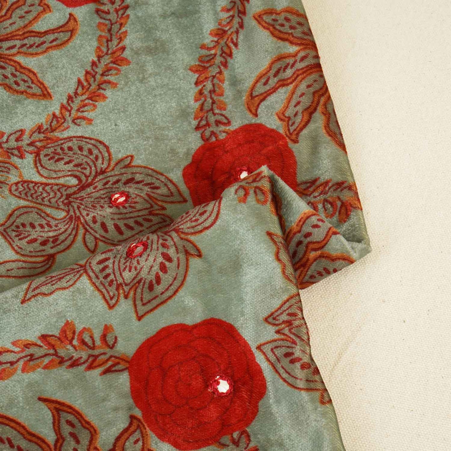 Sea Green Floral Mirror Work Micro Velvet 9000 Fabric MT-28262
