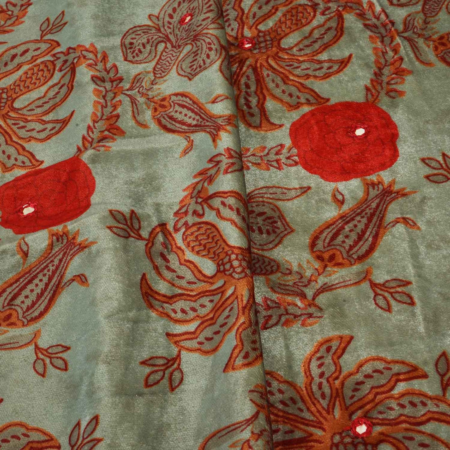Sea Green Floral Mirror Work Micro Velvet 9000 Fabric MT-28262