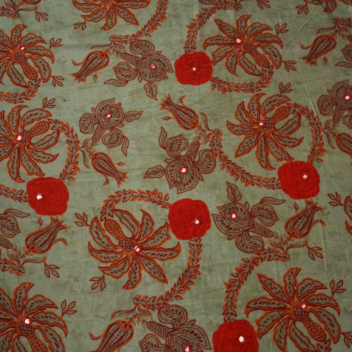 Sea Green Floral Mirror Work Micro Velvet 9000 Fabric MT-28262