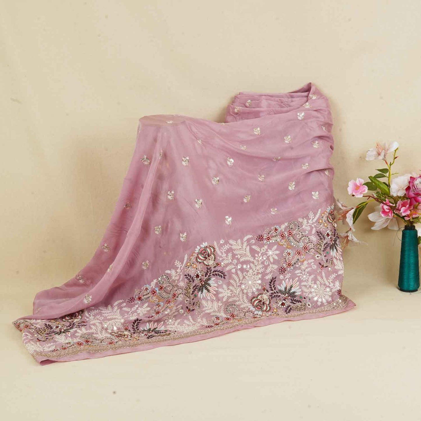 Pink Zari Sequins Embroidery Chinnon Fabric RA-28263