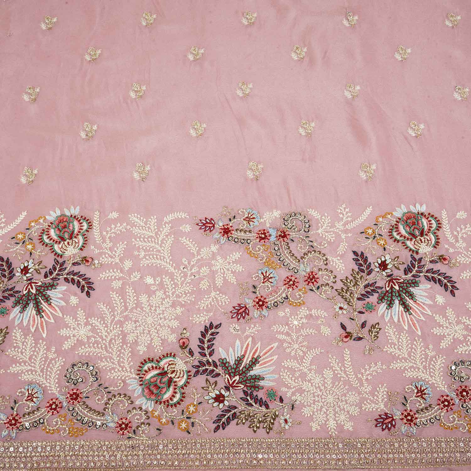 Pink Zari Sequins Embroidery Chinnon Fabric RA-28263 - TradeUNO
