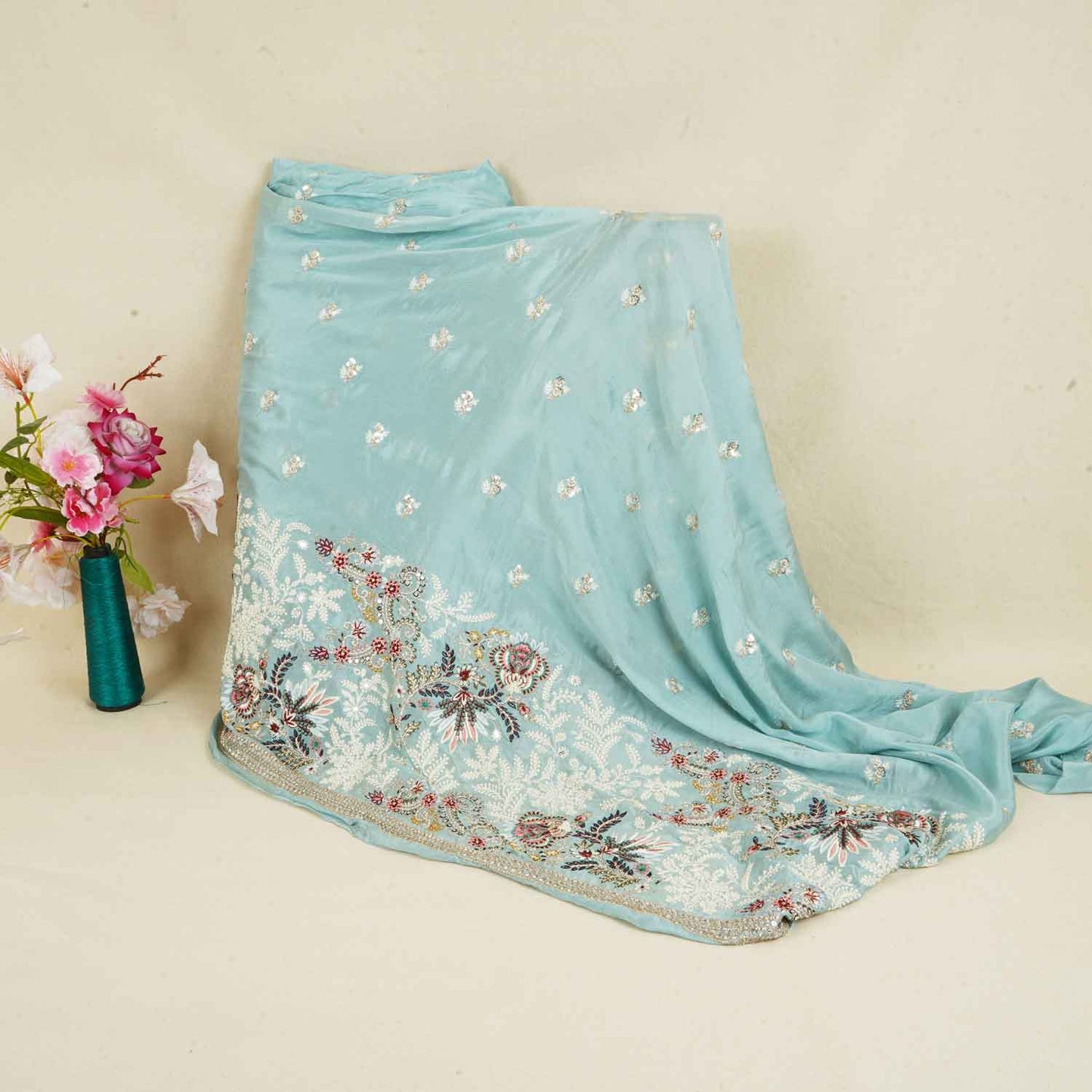 Sky Blue Zari Sequins Embroidery Chinnon Fabric RA-28264