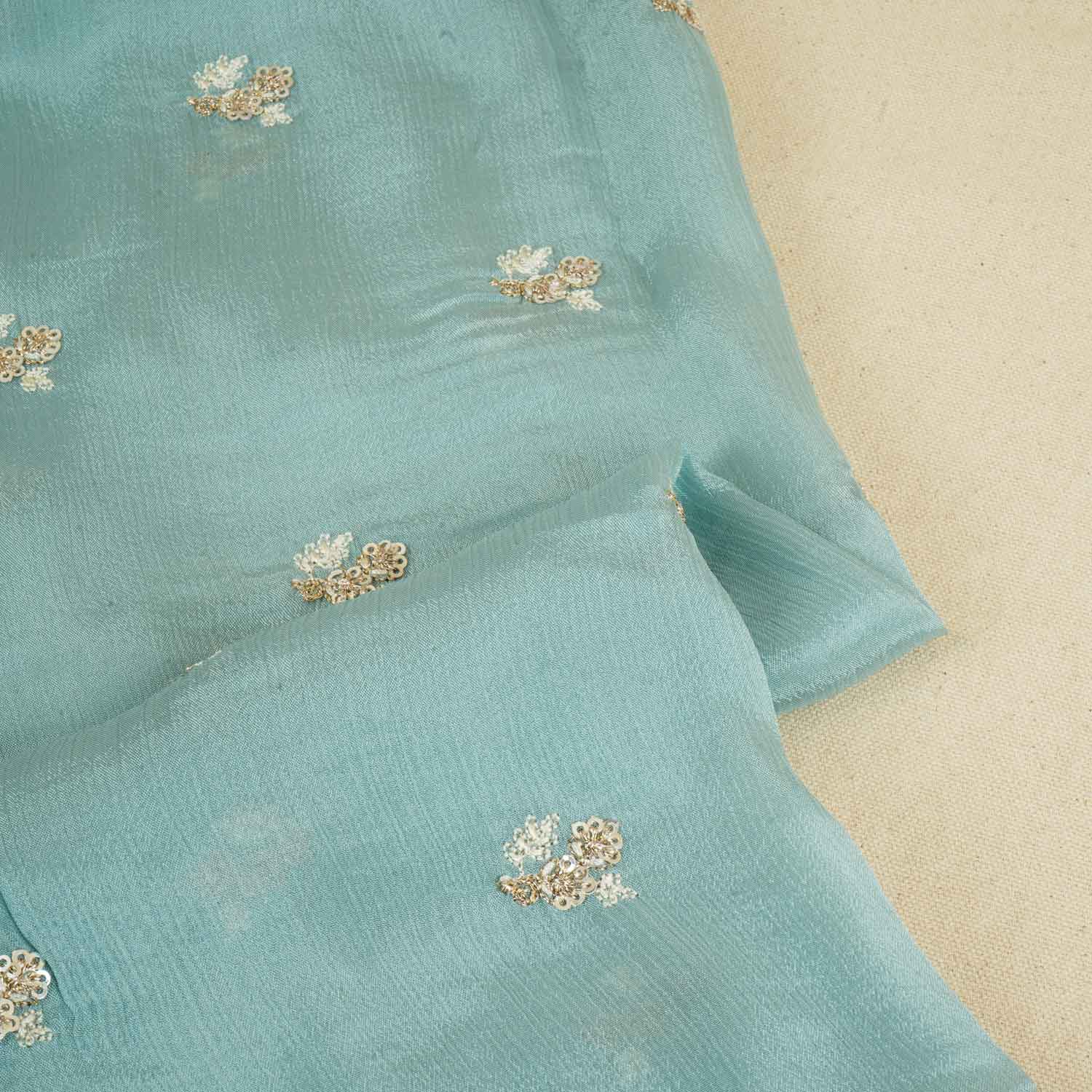 Sky Blue Zari Sequins Embroidery Chinnon Fabric RA-28264 - TradeUNO