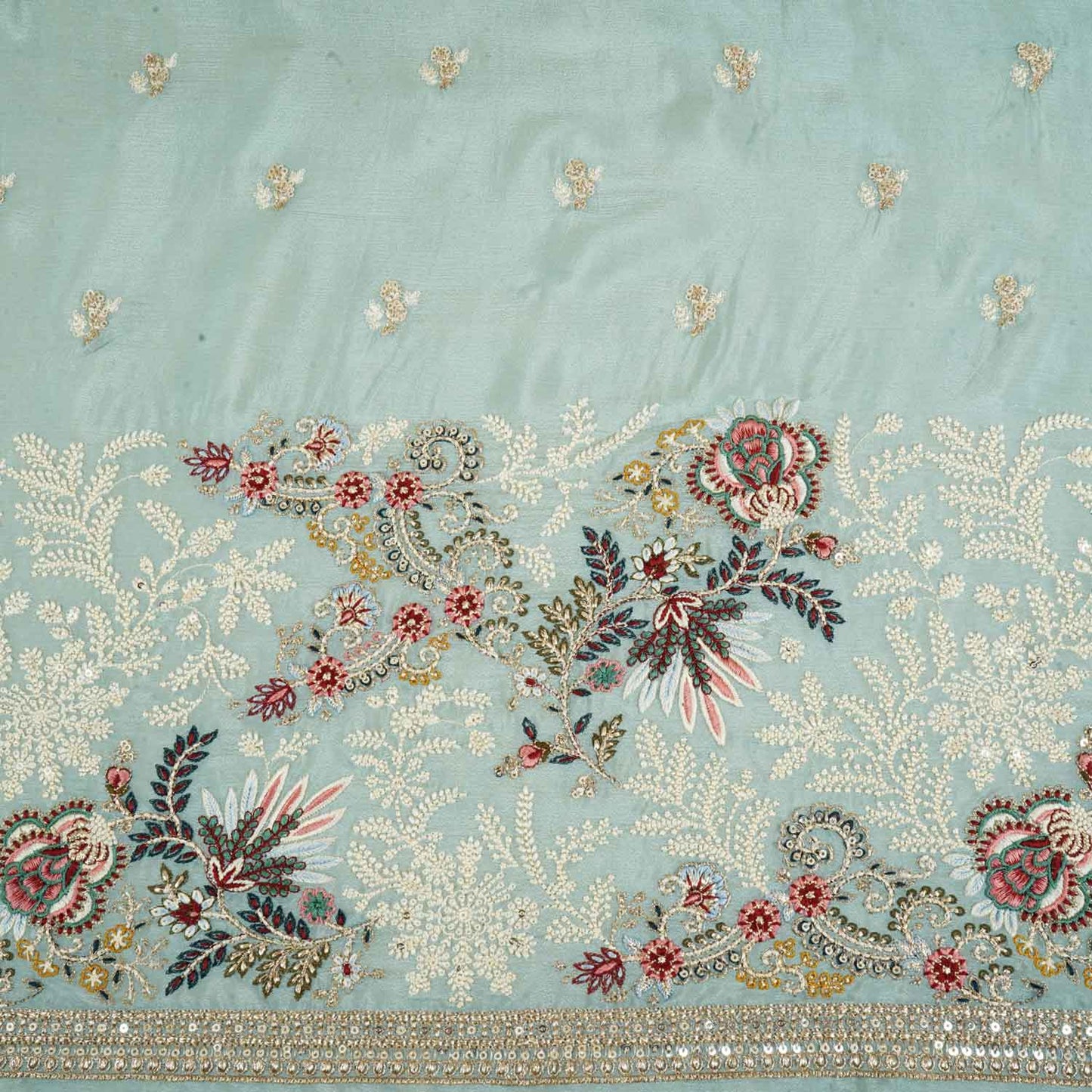 Sky Blue Zari Sequins Embroidery Chinnon Fabric RA-28264
