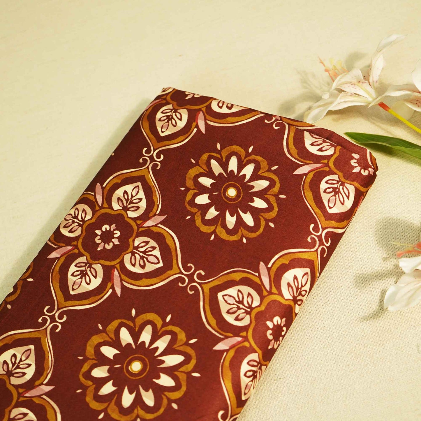 Brown Floral Print Modal Satin Fabric MTF-26492