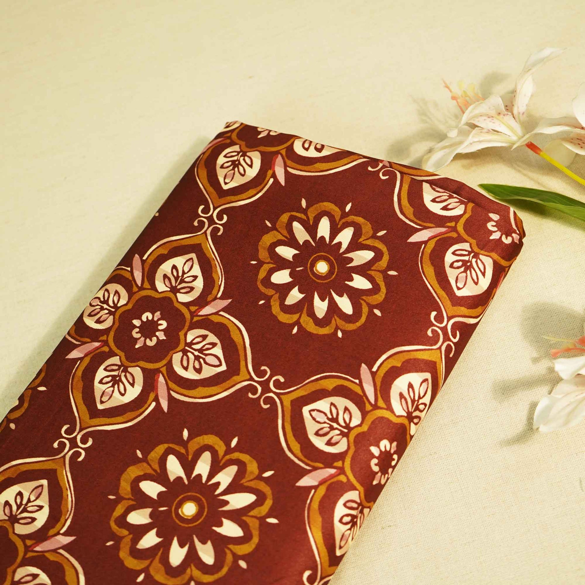 Brown Floral Print Modal Satin Fabric MTF-26492