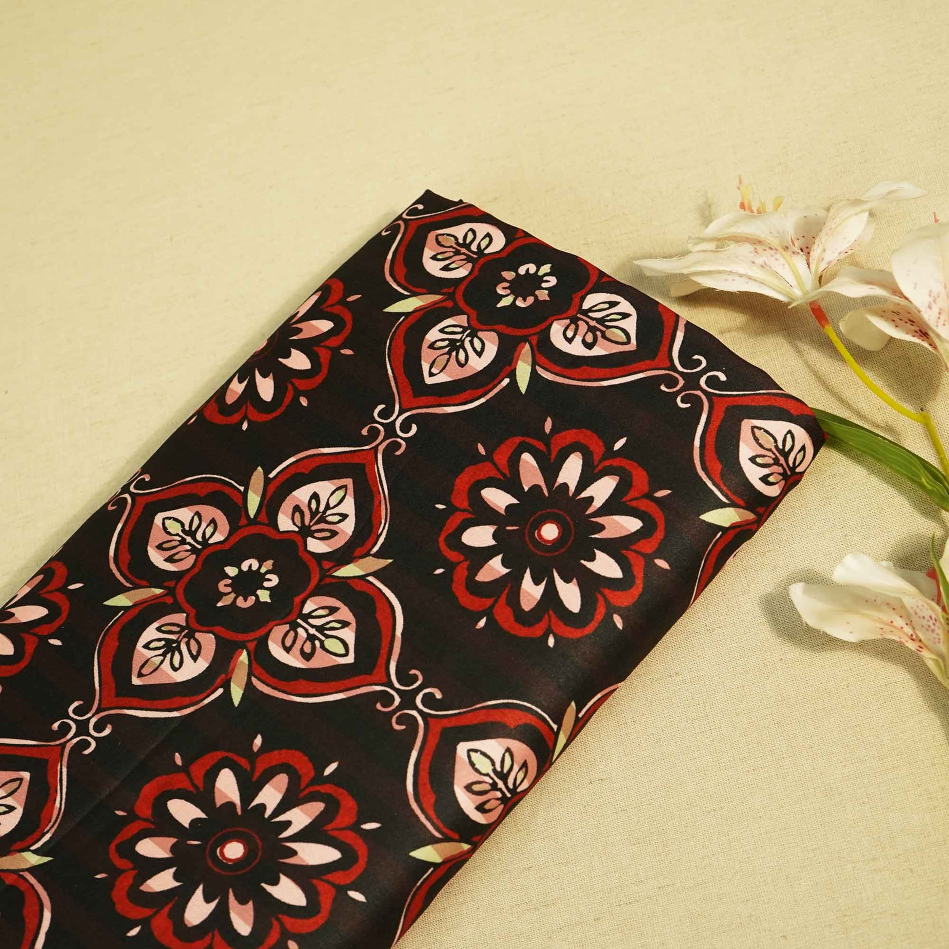 Black Floral Print Modal Satin Fabric MTF-26496