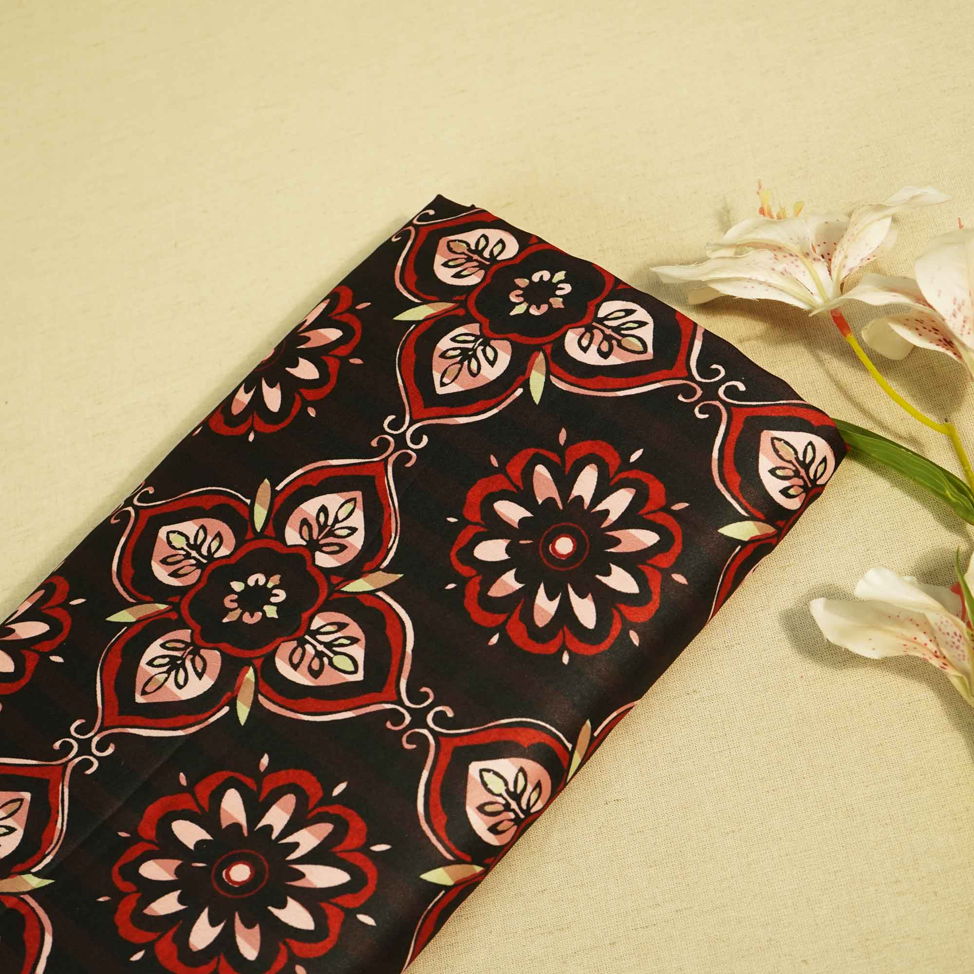 Black Floral Print Modal Satin Fabric MTF-26496
