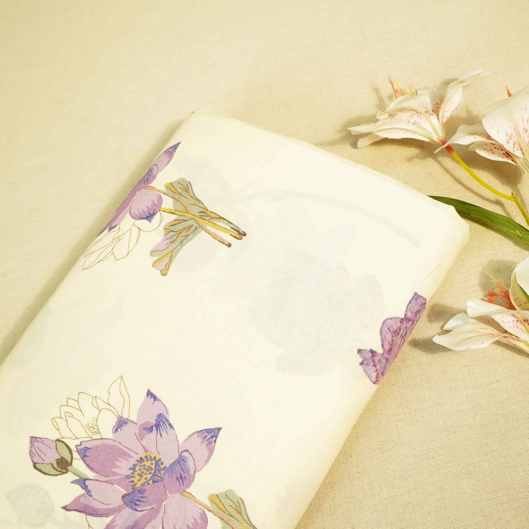Cream & Purple Floral Print Cotton Fabric MTF-26500